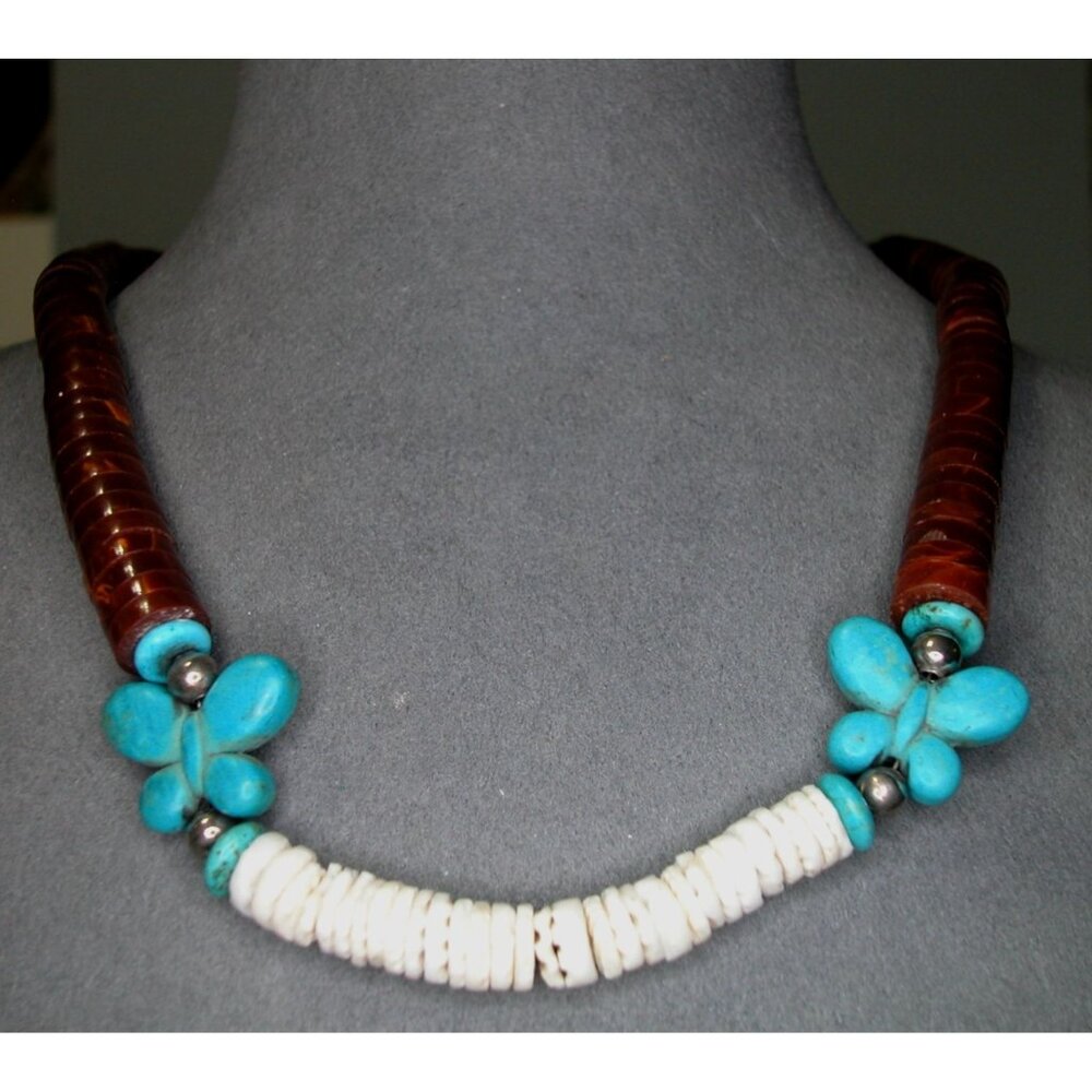 Vintage 26" Heishi & Turquoise Necklace With Butterfly Design Brown/White Beads